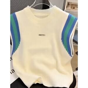 LSOT GNEAREL Womens Size Small Sweater Vest Cream With Green Blue Sleeves